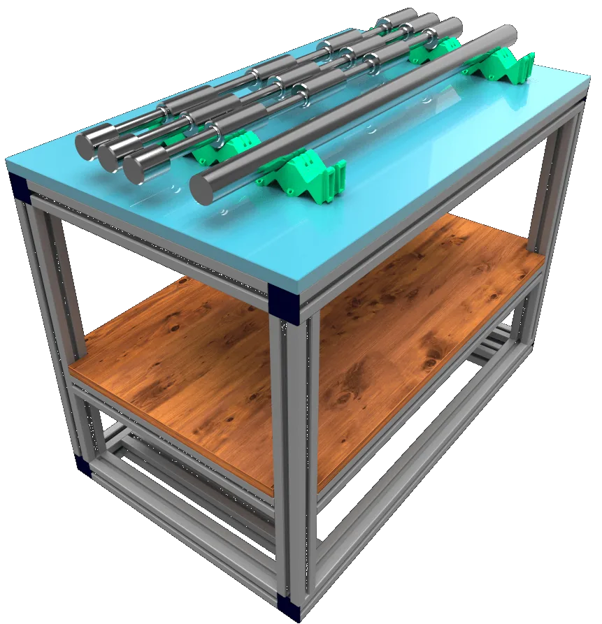PRIS-X storage prisms on a workbench with round material